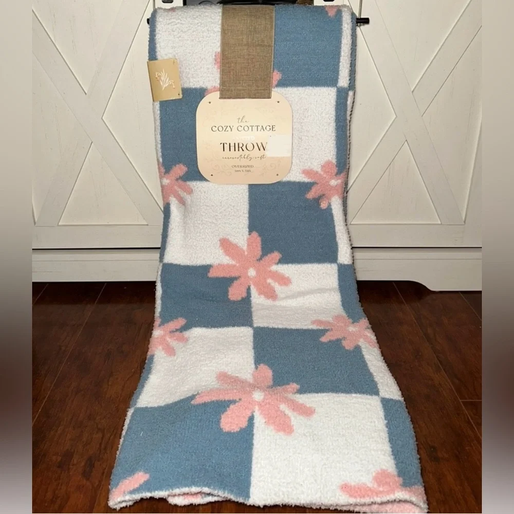 NEW The Cozy Cottage Knitted Throw Blanket Blue White Checkered Pink Floral